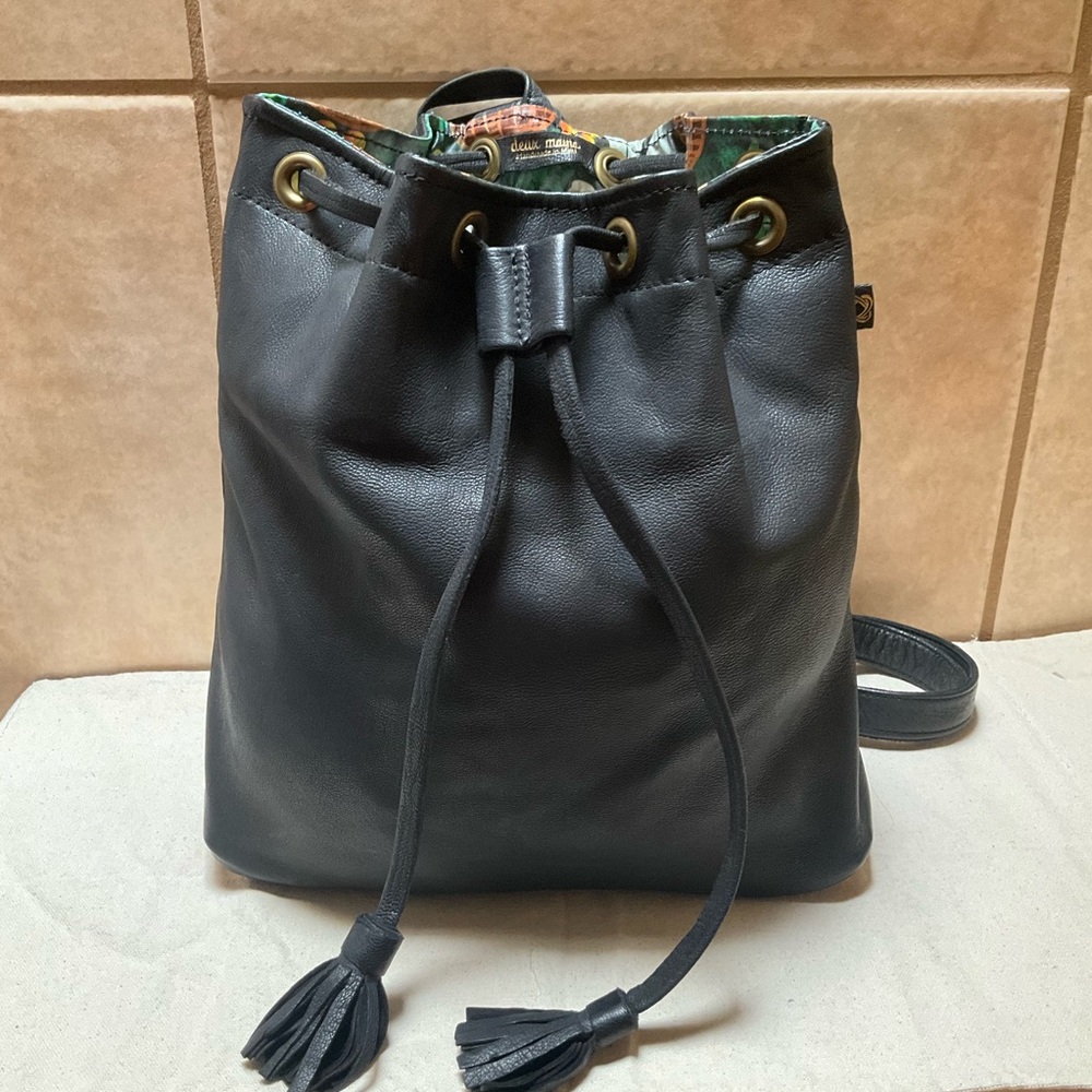 Deux Mains Black Leather Drawstring Backpack small bag rubber bottom